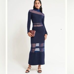 Cult Gaia Ebony Blue Long Sleeve Knit Sheer Panel Maxi Dress Size XS